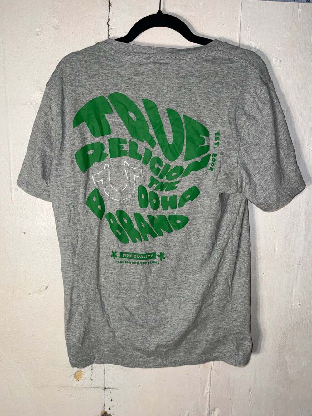 True Religion Men's Heather Grey Green Logo The Buddha Brand Graphic T-Shirt